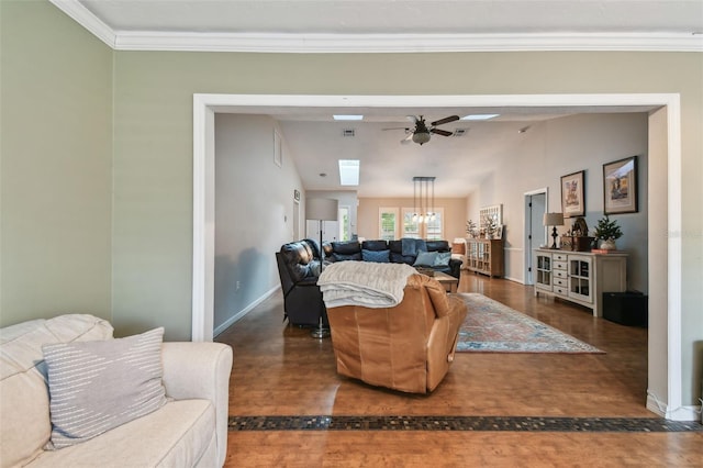 living room with ceiling fan, lofted ceiling, and crown molding