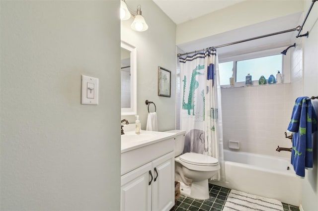 full bathroom featuring vanity, shower / bath combination with curtain, and toilet