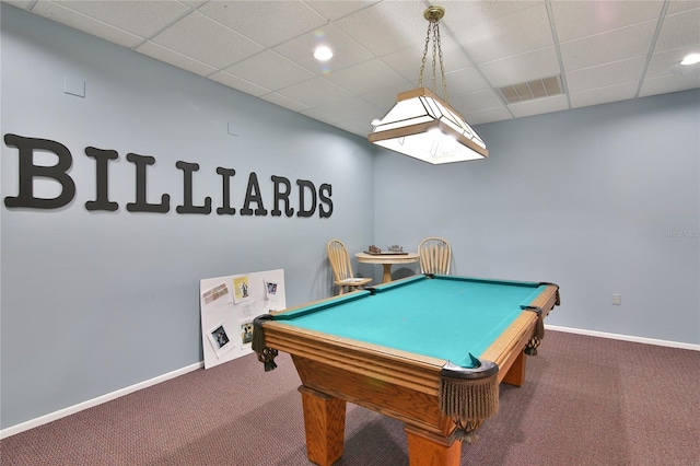 game room with carpet, a drop ceiling, and billiards