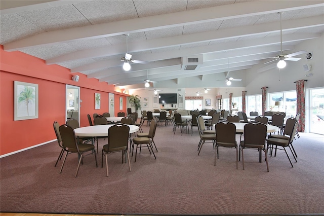 dining area featuring carpet, beam ceiling, high vaulted ceiling, and ceiling fan