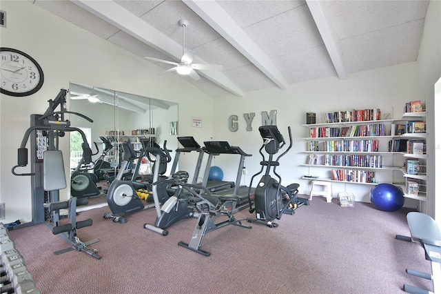 workout area with ceiling fan and vaulted ceiling