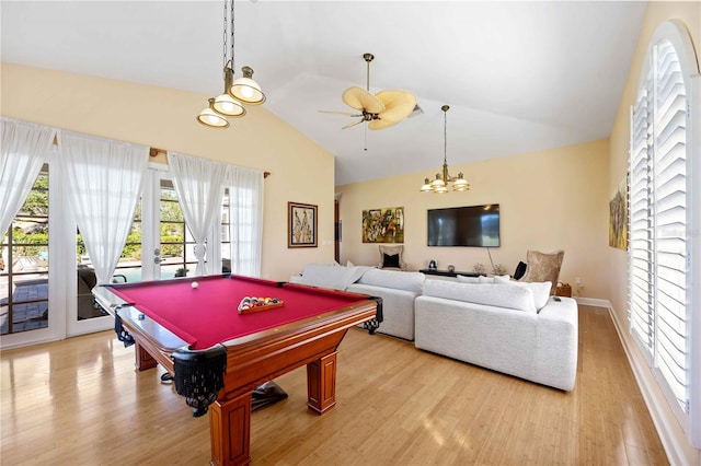 playroom featuring light hardwood / wood-style floors, vaulted ceiling, ceiling fan, and pool table