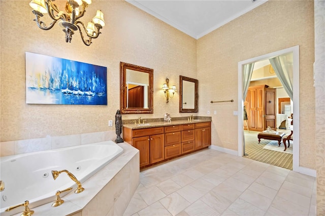 bathroom featuring tile patterned floors, tiled bath, a chandelier, vanity, and ornamental molding