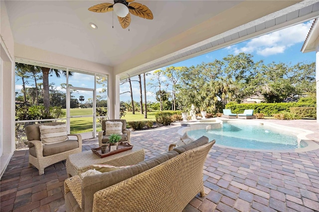 view of pool featuring a patio area, ceiling fan, and outdoor lounge area