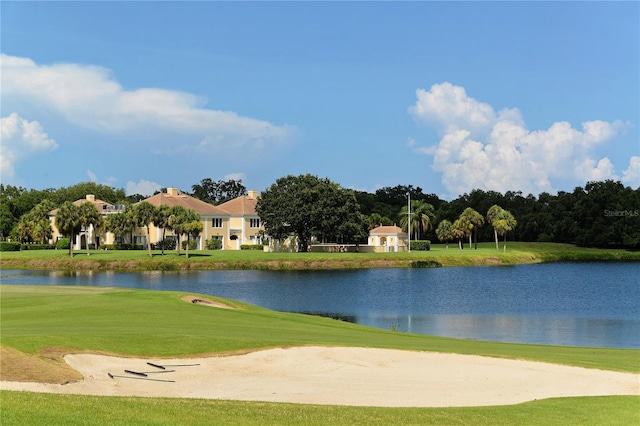 view of community featuring a water view and a lawn