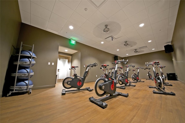 gym featuring a paneled ceiling and light hardwood / wood-style flooring