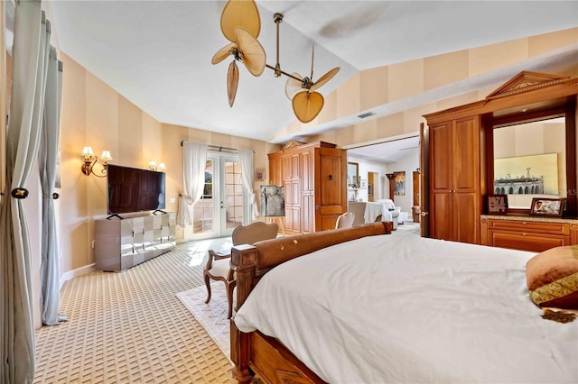 bedroom featuring vaulted ceiling, light colored carpet, access to exterior, ceiling fan, and french doors