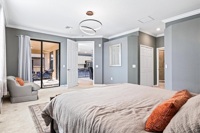 bedroom featuring ornamental molding, light carpet, and access to outside