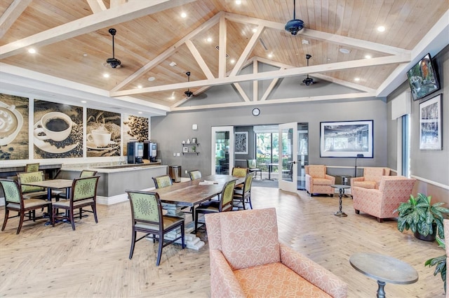 dining space featuring wood ceiling, light parquet floors, ceiling fan, beam ceiling, and high vaulted ceiling