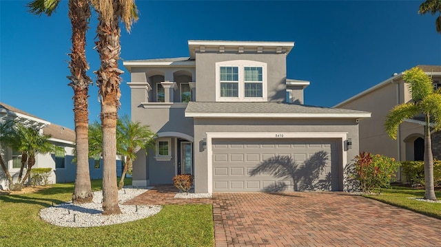 view of front facade with a front yard and a garage