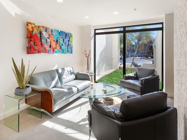 tiled living room with recessed lighting