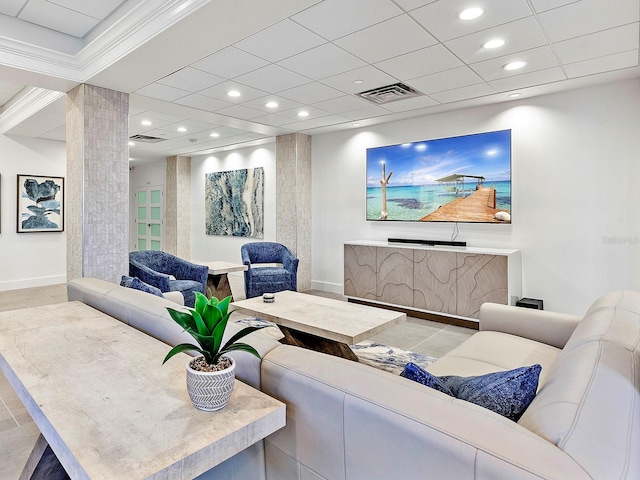 home theater room featuring recessed lighting, visible vents, baseboards, and ornate columns