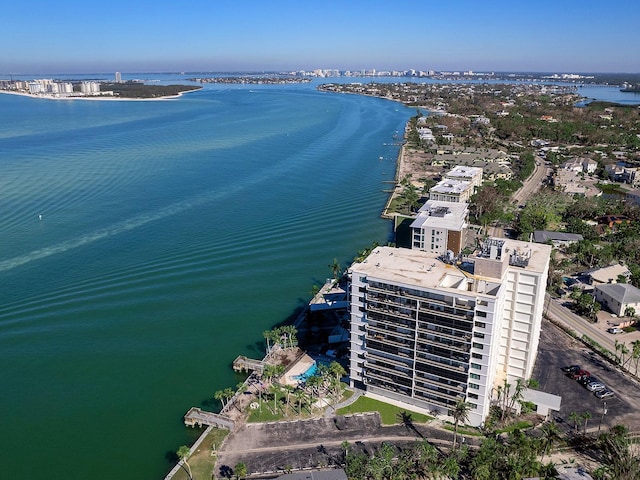 drone / aerial view featuring a water view