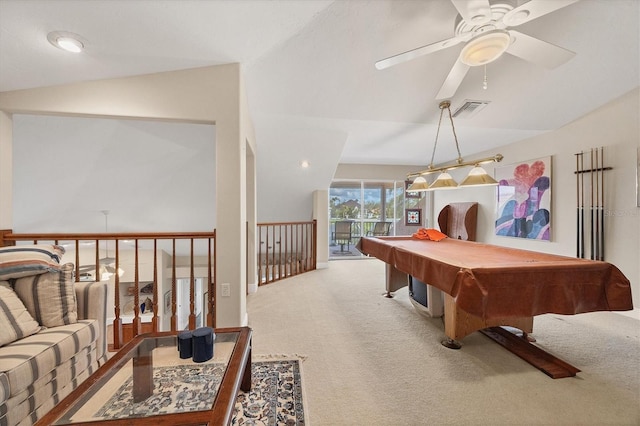 recreation room featuring carpet, ceiling fan, lofted ceiling, and pool table