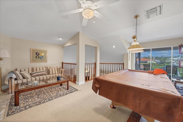 playroom with ceiling fan, carpet floors, pool table, and vaulted ceiling