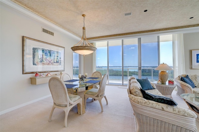 carpeted dining room featuring a wall of windows, a water view, a textured ceiling, and ornamental molding