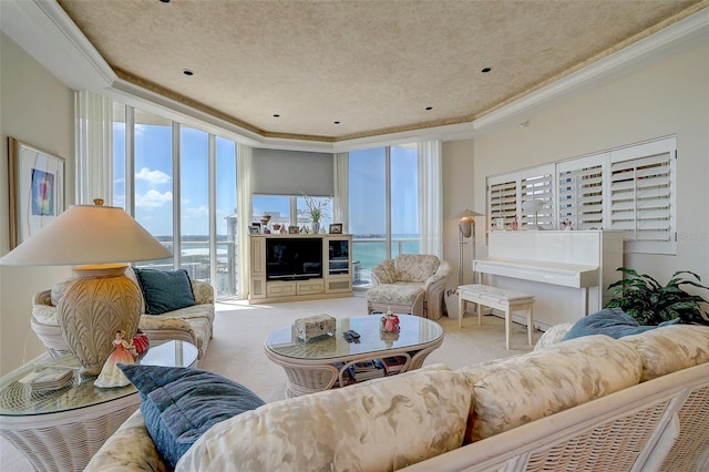 living room with light carpet, a textured ceiling, expansive windows, and ornamental molding