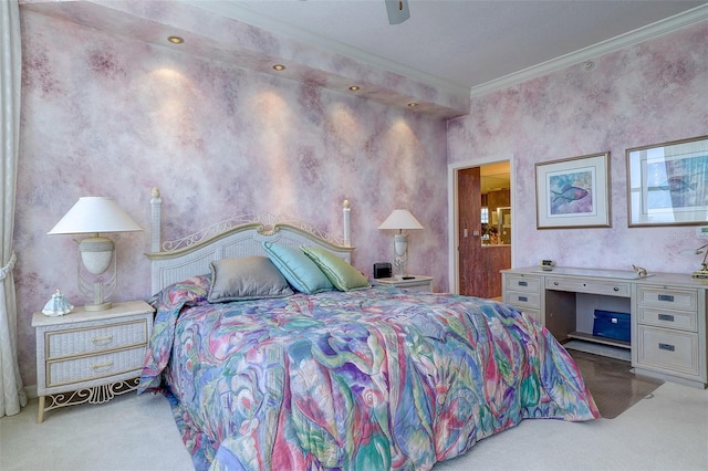 bedroom with ceiling fan, light colored carpet, and crown molding