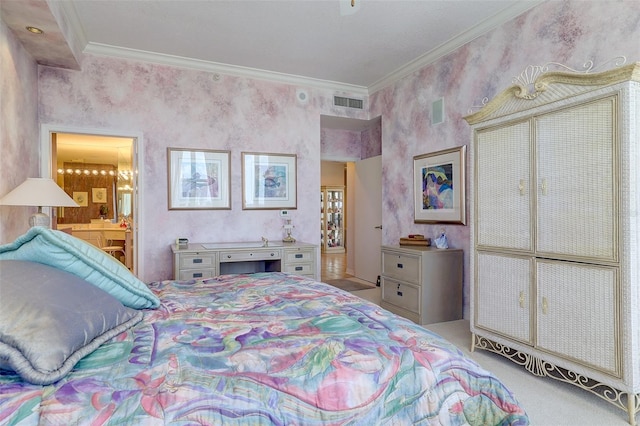 carpeted bedroom featuring ensuite bathroom and ornamental molding