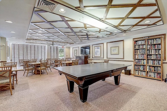 game room featuring light colored carpet and coffered ceiling