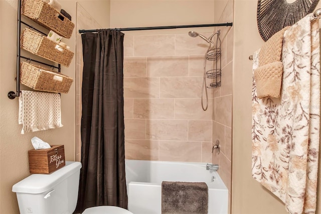 bathroom with shower / bathtub combination with curtain and toilet