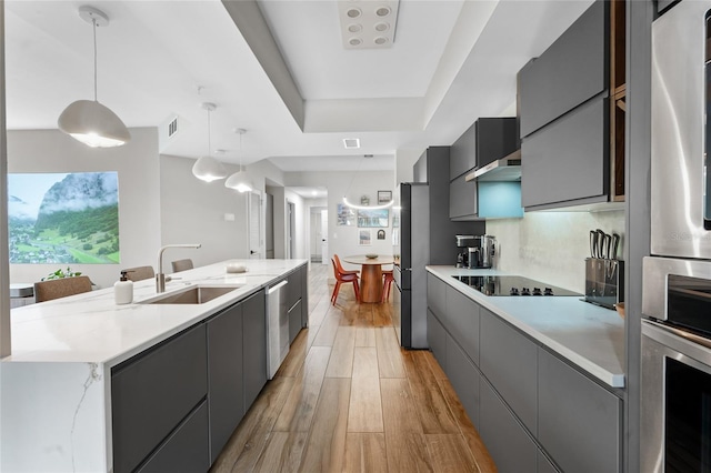 kitchen featuring a large island with sink, sink, light hardwood / wood-style flooring, decorative light fixtures, and stainless steel appliances