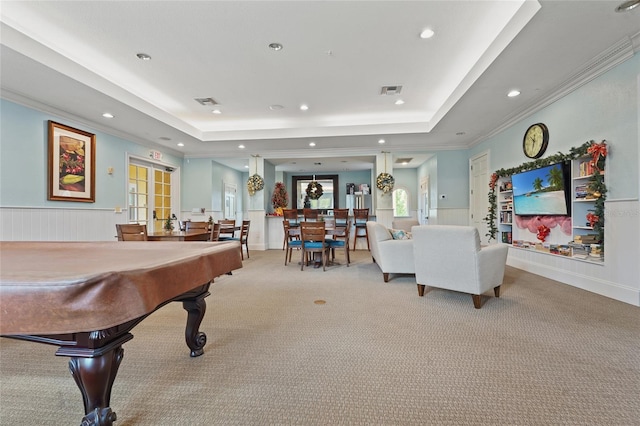 recreation room featuring light carpet, french doors, crown molding, billiards, and a tray ceiling