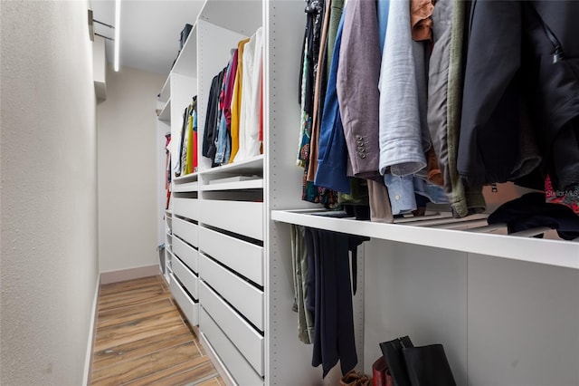 walk in closet with light hardwood / wood-style flooring