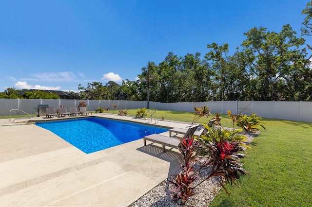 view of swimming pool with a patio area and a yard