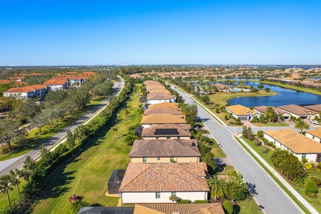 drone / aerial view featuring a water view