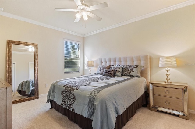 bedroom with ceiling fan, light colored carpet, and ornamental molding