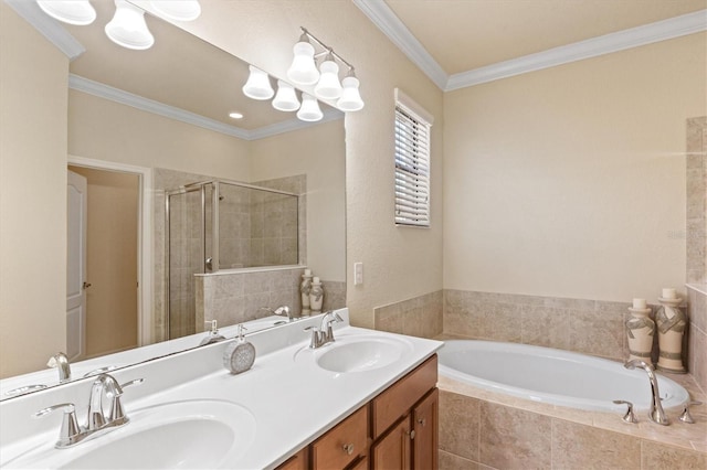 bathroom featuring shower with separate bathtub, crown molding, and vanity