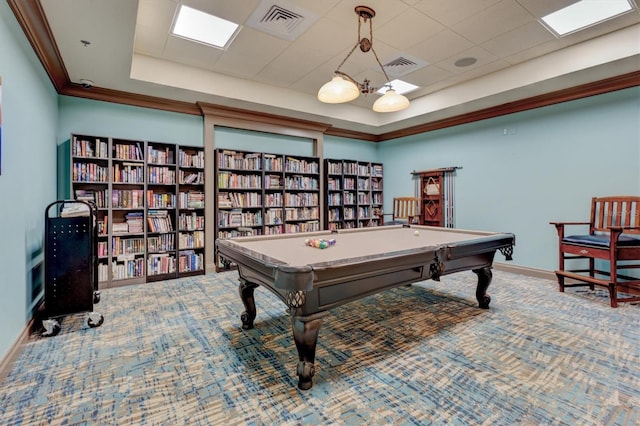 game room featuring a raised ceiling, pool table, carpet, and crown molding