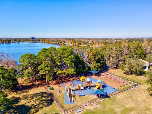 bird's eye view with a water view