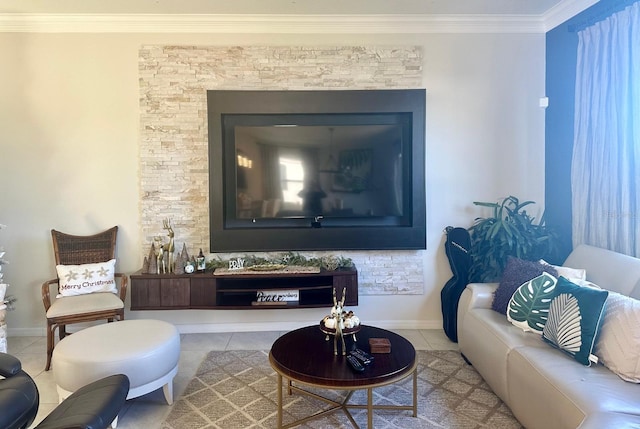 sitting room featuring crown molding and light tile patterned floors