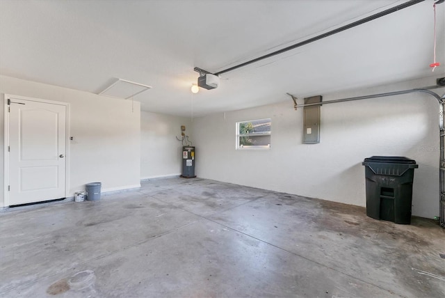 garage with electric panel, electric water heater, and a garage door opener