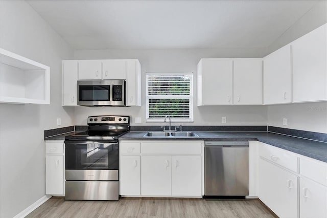 kitchen featuring white cabinets, sink, appliances with stainless steel finishes, and light hardwood / wood-style flooring