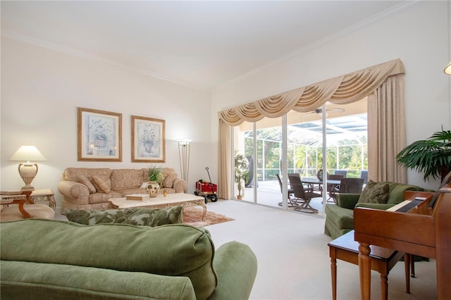 living room with carpet and ornamental molding