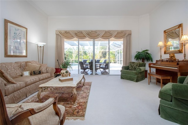 living room featuring carpet flooring and crown molding