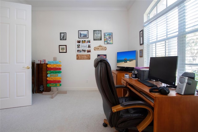 carpeted office space with crown molding