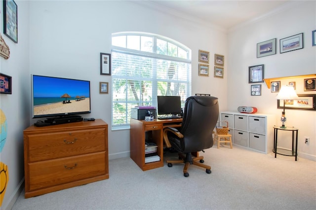 carpeted home office featuring crown molding