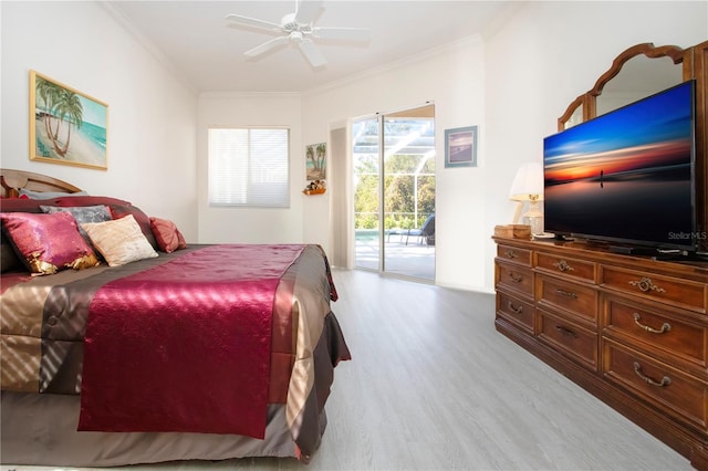 bedroom featuring ceiling fan, crown molding, access to outside, and light hardwood / wood-style flooring