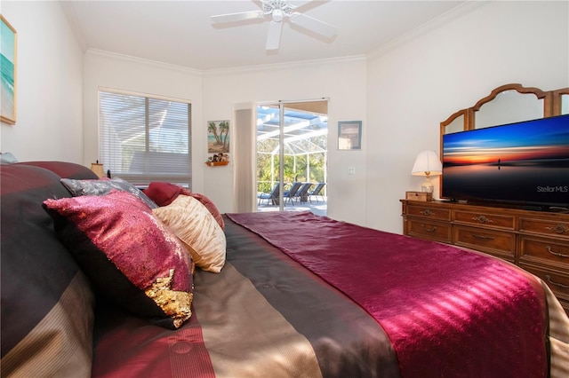 bedroom featuring access to exterior, ceiling fan, and crown molding