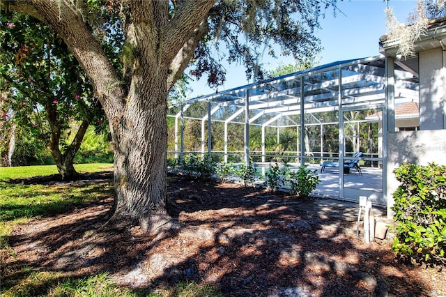 view of yard featuring glass enclosure and a patio area