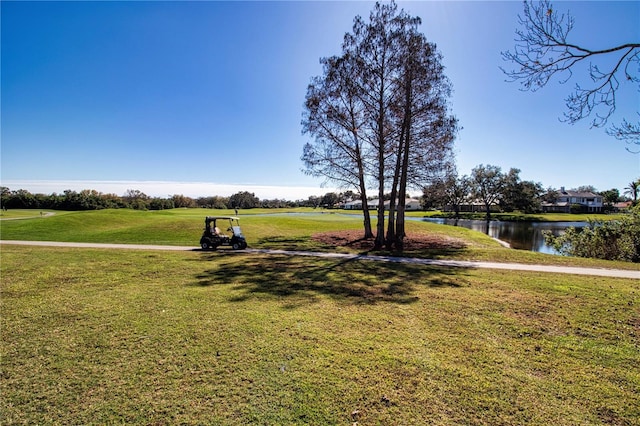 view of property's community with a water view and a lawn