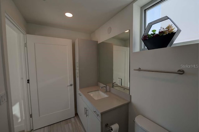 bathroom featuring wood-type flooring, vanity, and toilet