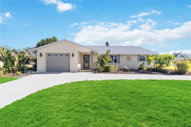 ranch-style home with a garage and a front lawn