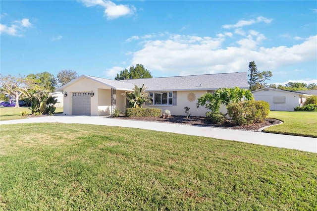 single story home featuring a garage and a front yard