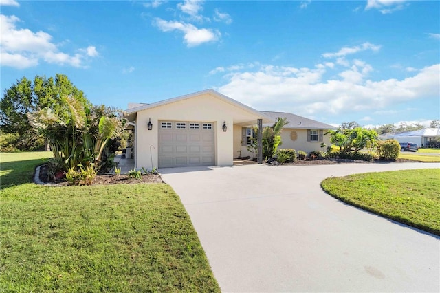 ranch-style home with a garage and a front lawn