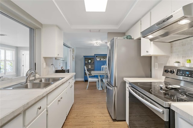 kitchen featuring electric stove, white cabinetry, sink, and decorative backsplash